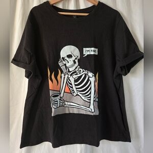 Women's Shein Black TShirt Short Sleeve Skeleton I'm Fine Graphic 3X